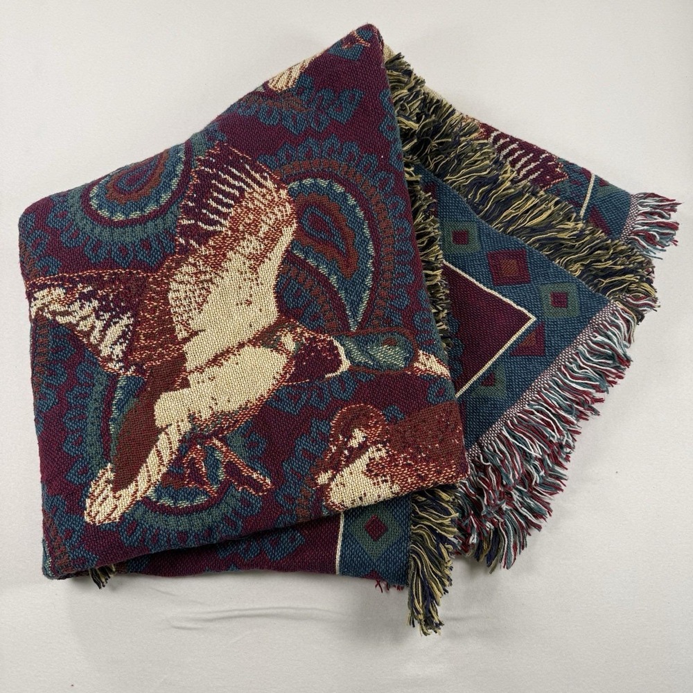 Vtg Woven Tapestry Throw Blanket Mallard Duck Paisley Fringe Burgundy Teal 47x70 - Picture 2 of 12